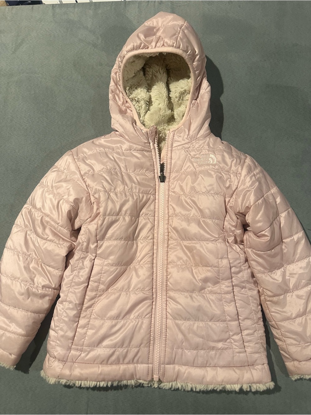 The North Face Pale Pink Quilted Hooded Jacket with Sherpa Lining